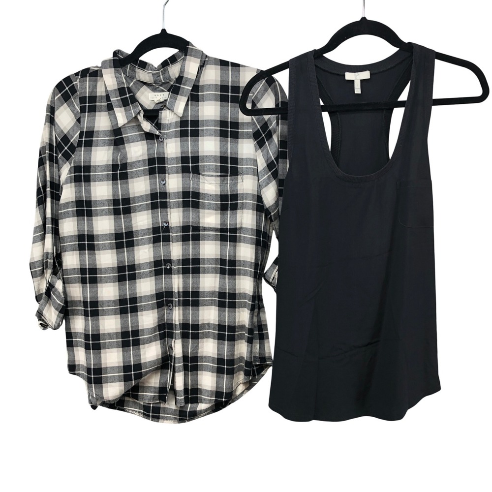 Soft Joie Plaid Shirt and Tank Top Lot Womens Small Black White Bundle Soft Goth